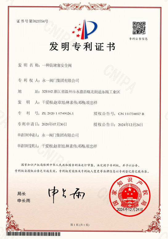 Pressure Safety Valve Patent Certificate(1)