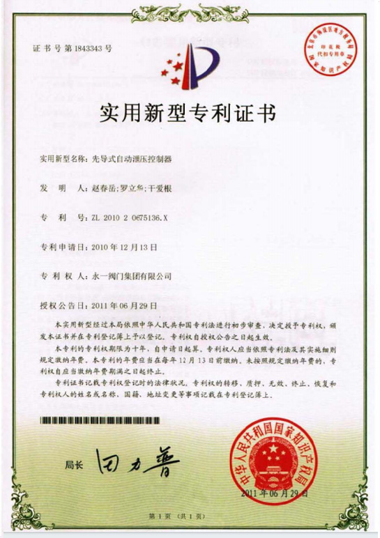 Pressure Safety Valve Patent Certificate(2)