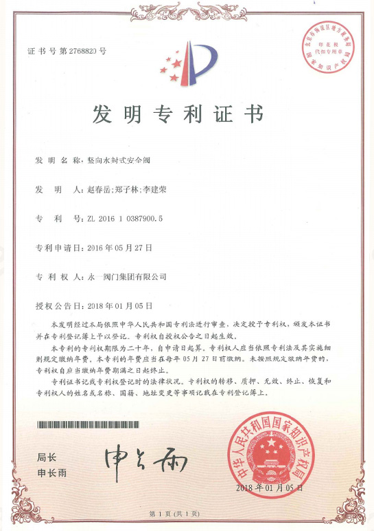 Pressure Safety Valve Patent Certificate(4)