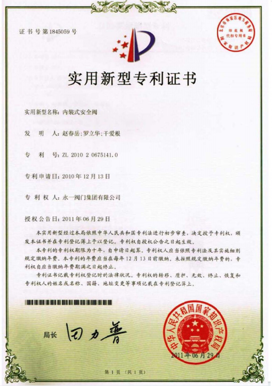 Pressure Safety Valve Patent Certificate(6)