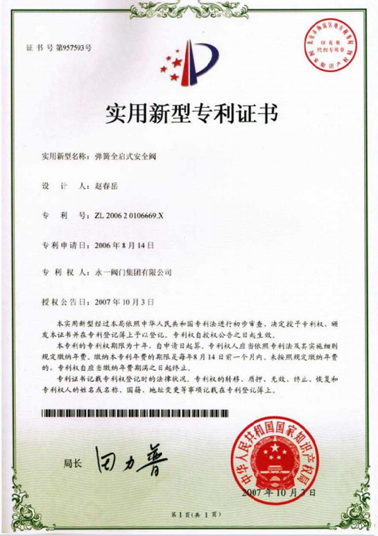 Pressure Safety Valve Patent Certificate(8)
