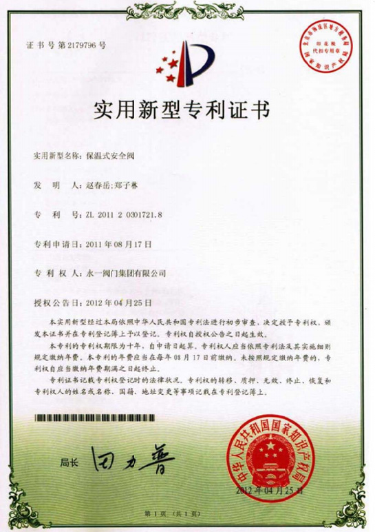Pressure Safety Valve Patent Certificate(12)