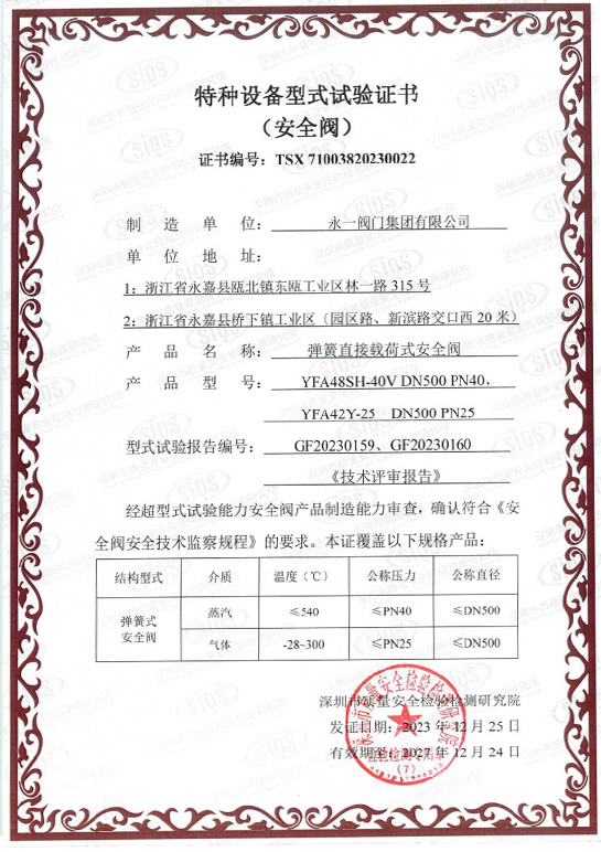 Special Equipment Type Test Patent Certificate