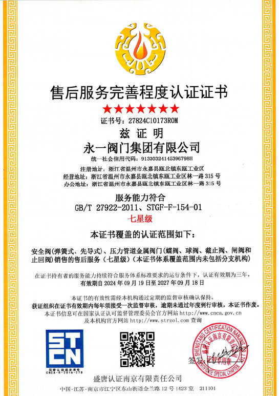 Certificate of Completion of After sales Service Certification